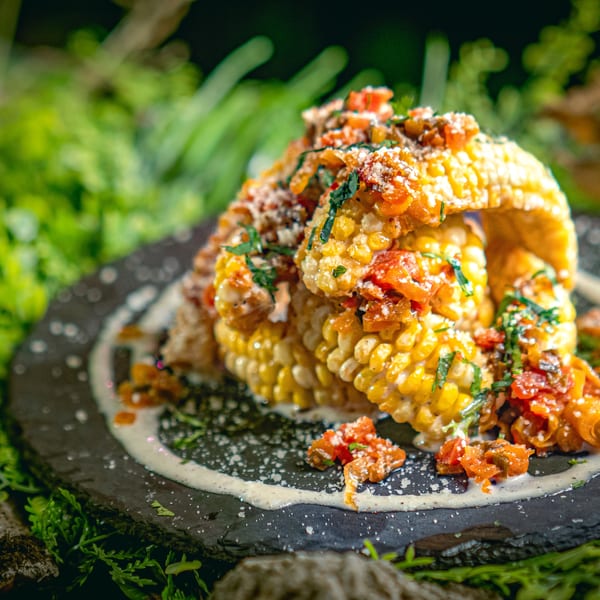 Grilled corn on the cob, topped with red peppers, herbs, and a creamy white sauce.