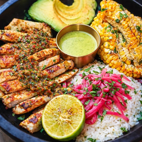 Grilled chicken with salsa, avocado, corn on the cob, rice, pickled onions, and lime.