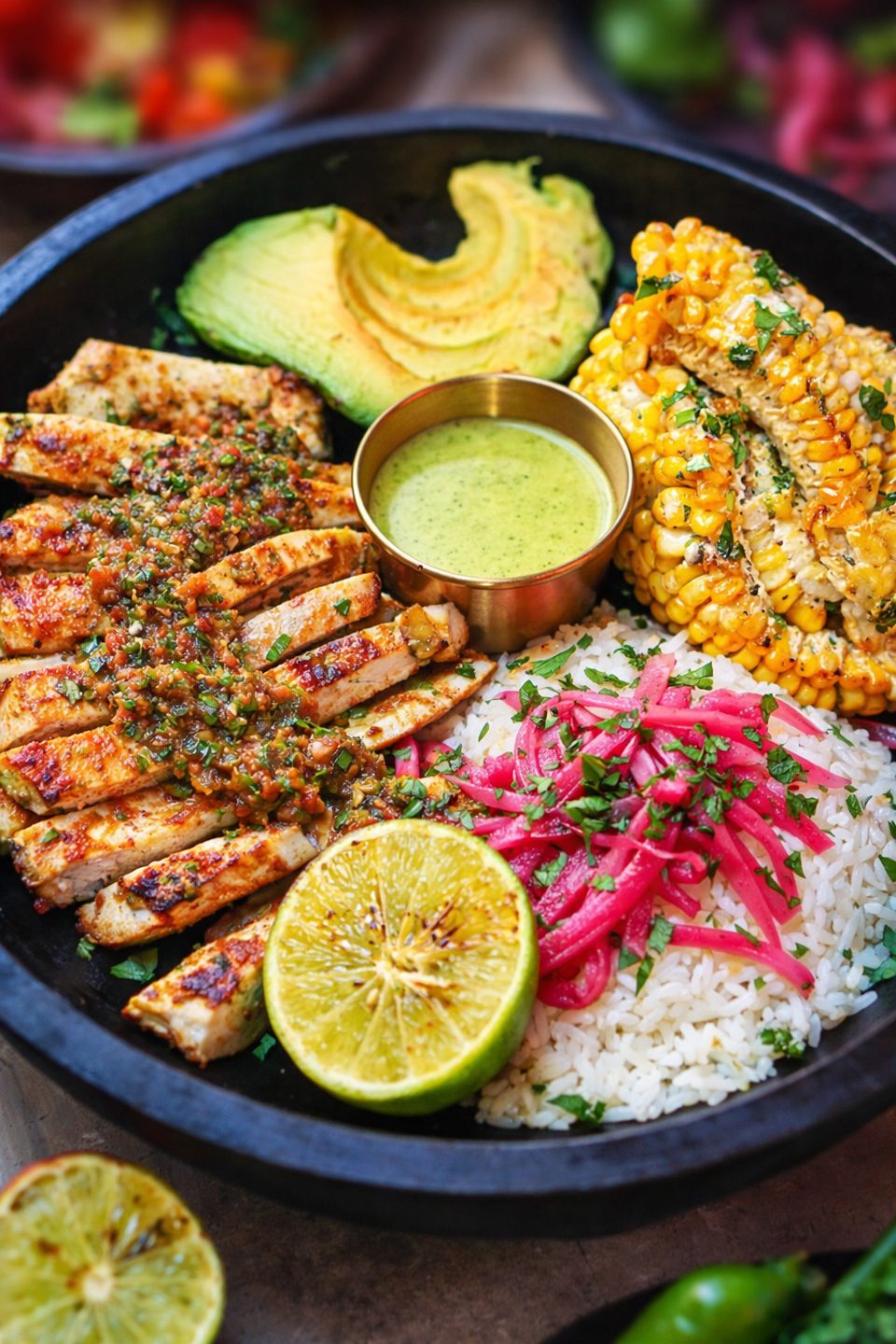 Grilled chicken with salsa, avocado, corn on the cob, rice, pickled onions, and lime.