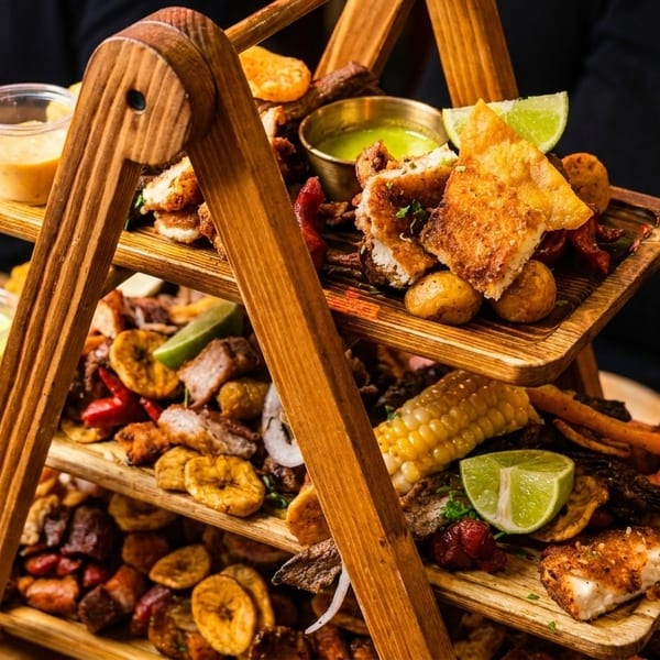 Three-tiered wooden stand filled with various fried foods, corn, plantains, and dipping sauces.